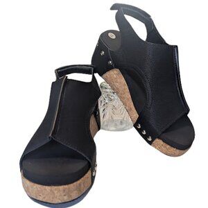 Black Cork Wedge Sandals SZ 38 (Fits 7.5–8) Adjustable Slingback Peep Toe  NWOT